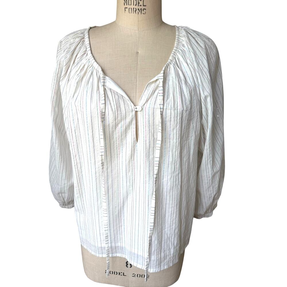 Emerson Fry Lucy Blouse in White with Metallic Stripes Size Medium Boho